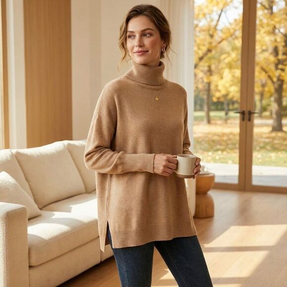 Joie Womens Small Wool Cashmere Camel Beige Long Sleeve Turtleneck Sweater - Picture 1 of 13